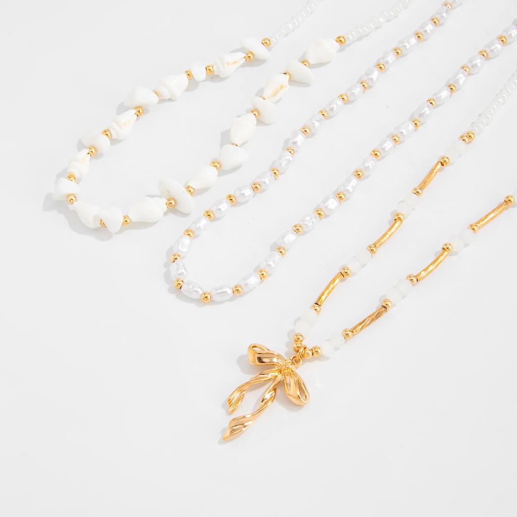 4Pcs/set Bohemia Fishtail Bow Pendant Necklace Women Y2K Exquisite Pearl Handmade Beaded Chokers Neck Chain New Jewelry