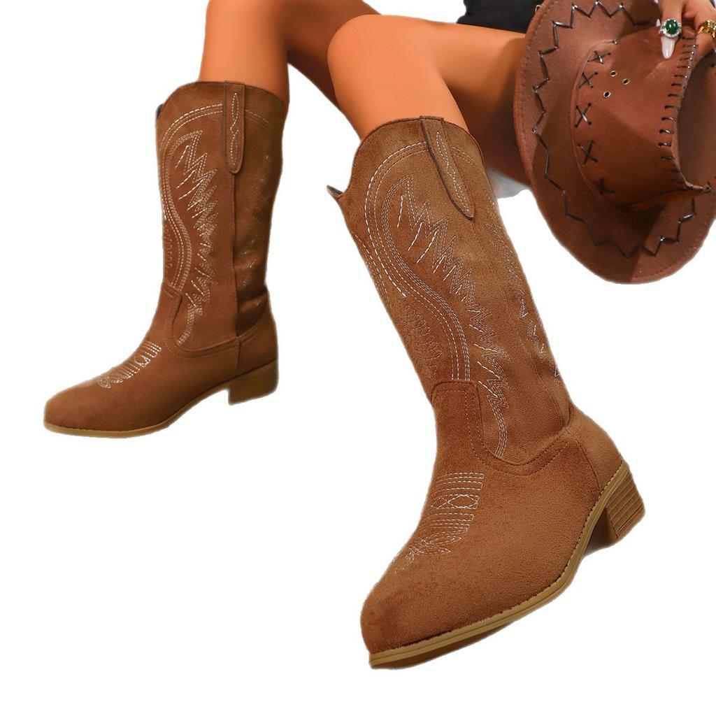 Retro Winter Mid-tube Pile of Mid-tube Boots for Women, 2025 Autumn New Western Martin Boots, Round Toe, Pleated Chimney Boots, Large Size