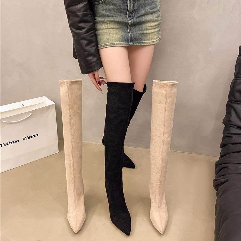 Over-knee boots women's 2025 autumn and winter new thin boots thick heel suede high elastic boots pointed high heel boots