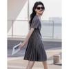 Demana Casual Style Women's Round Neck Pleated A-Line Midi Dress with Pockets
