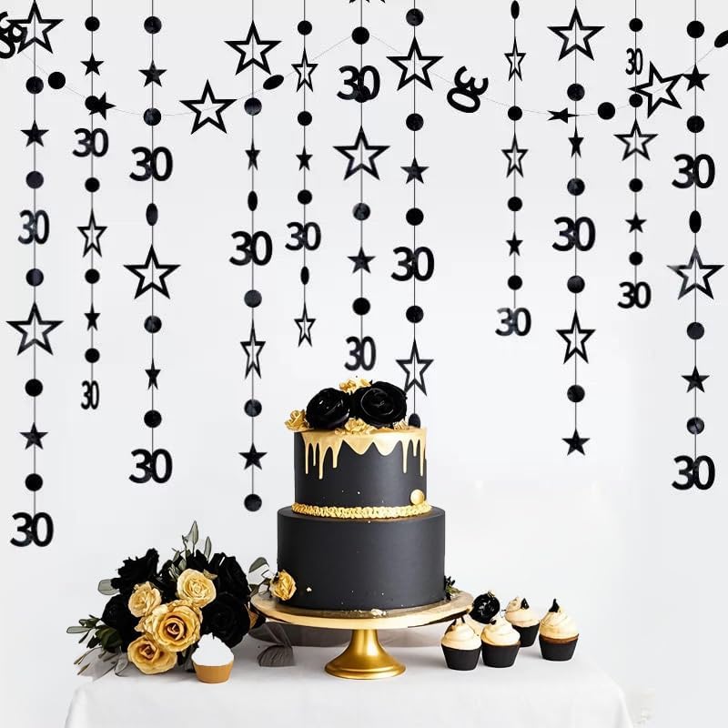 Black 30th Birthday Garland Black 30 Circle Dot Twinkle Star Streamer Hanging Bunting Banner Backdrop for Him/Her 30 Years Old Birthday Party
