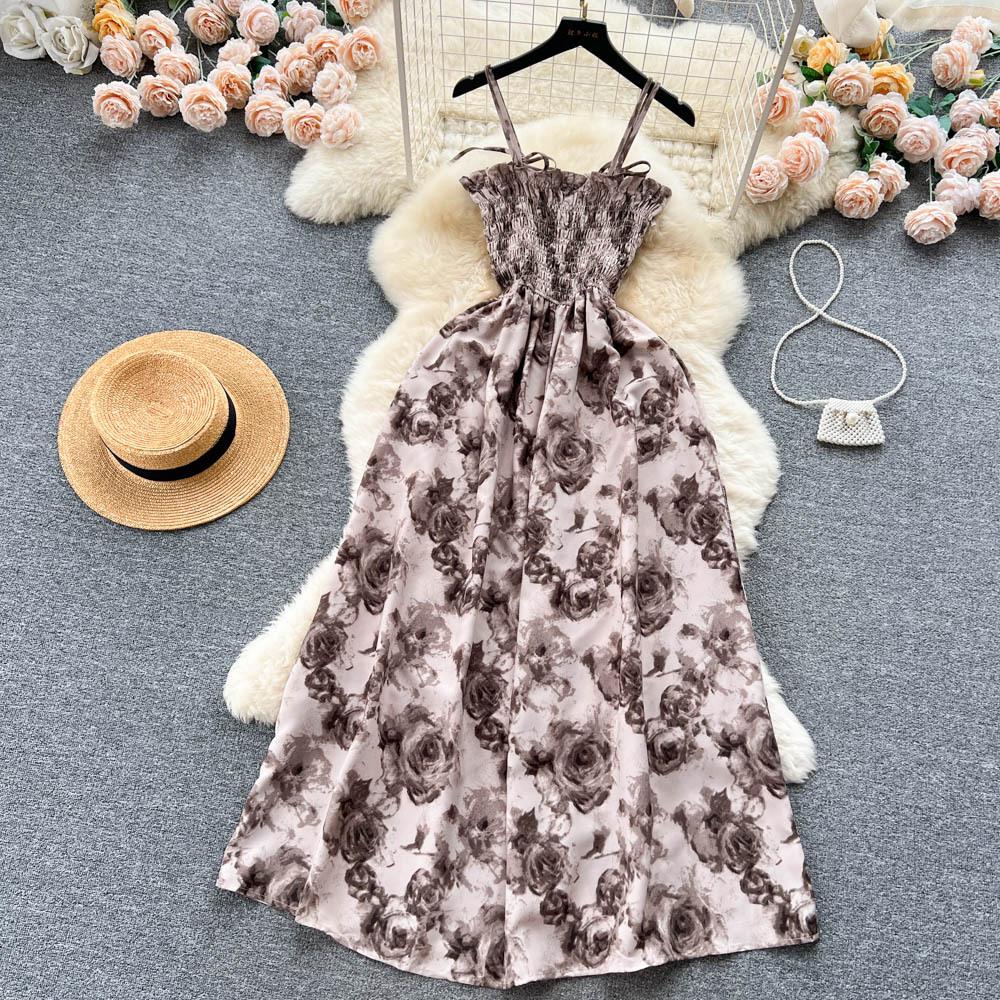 Koreansk stil for kvinner Rose Blomstertrykk Retro Festkjole Sommer Elastisk Høy midje Ferie Lang kjole Strand Vestido