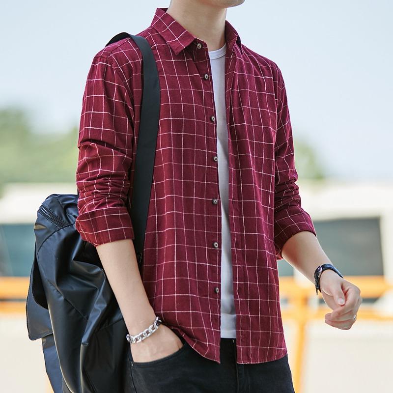 Men's Gray Grid Check Long Sleeve Button Shirt - Oversized Casual Cotton Shirt
