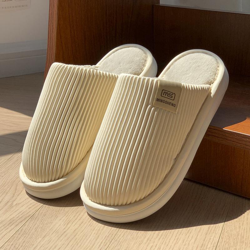 New Striped Cotton Slippers Winter Couple Home PU Waterproof Velvet Warm Non-slip Floor Slippers