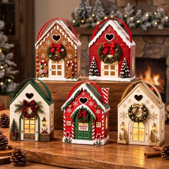 Paper Party Favor Bags Christmas Wonderland Cottage Gift Box, House Shaped Treat Boxes, Holiday Festive Snack Storage Boxes Holder with Handle