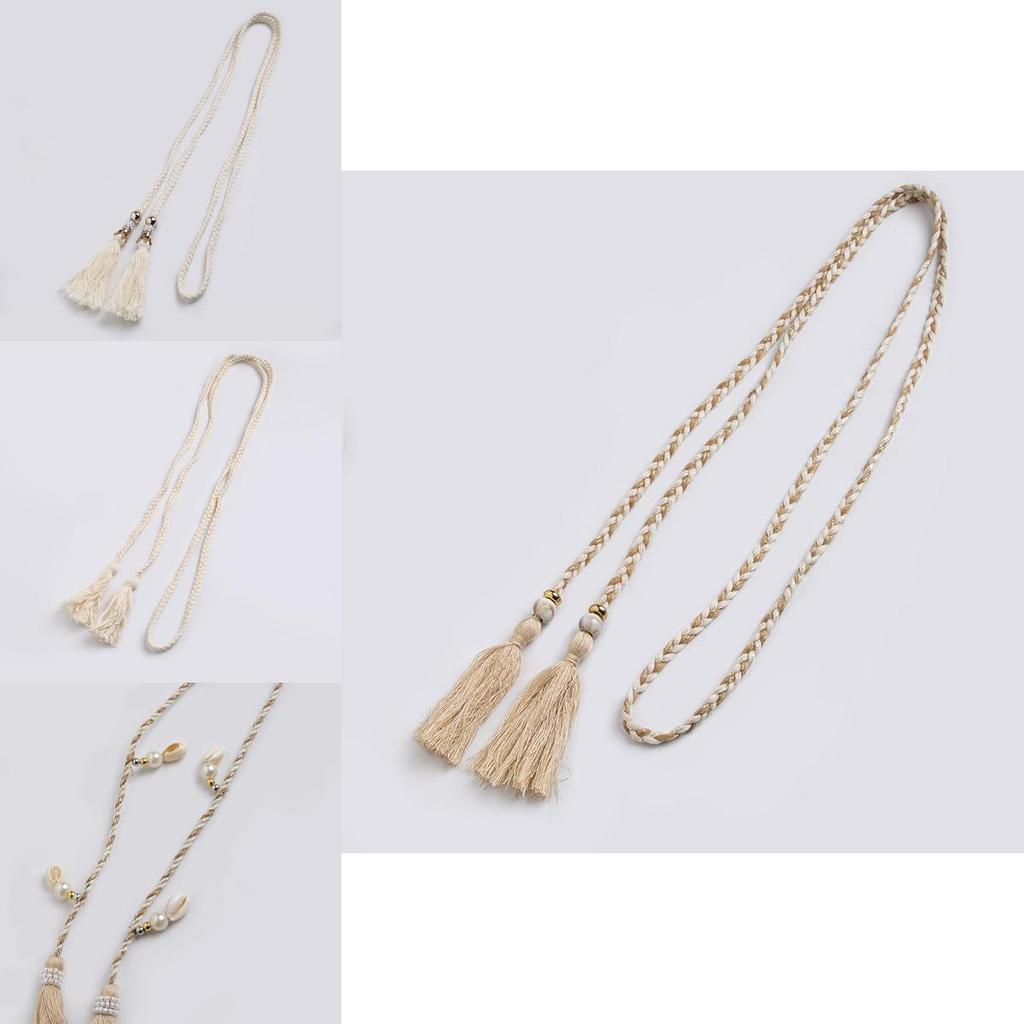 Ethnic Style Cotton Linen Waist Rope With Wooden Beads And Tassels For Casual Wear