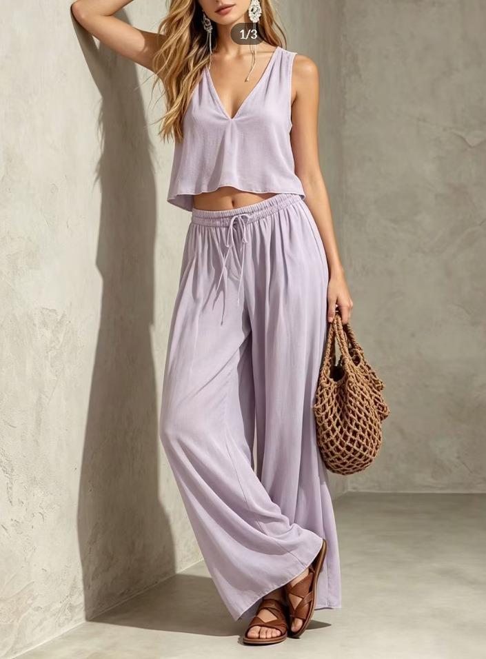 Spot European and American Fashion New Solid Color V-neck Sleeveless Top and Trousers Two Women's Clothing