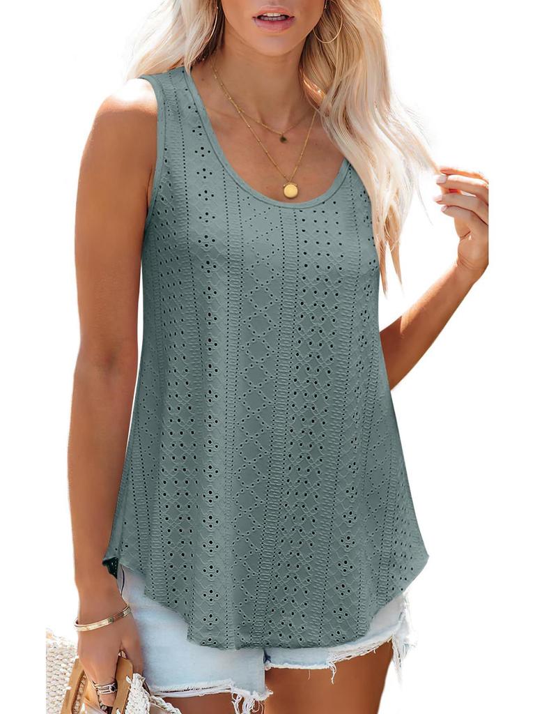 European & American Women's Summer Crew Neck Eyelet Sleeveless Tank Top T-Shirt