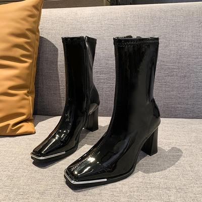 Bottines en cuir verni tendance pour femme, chaussures sexy à semelle souple, à talons hauts, style décontracté, collection automne-hiver