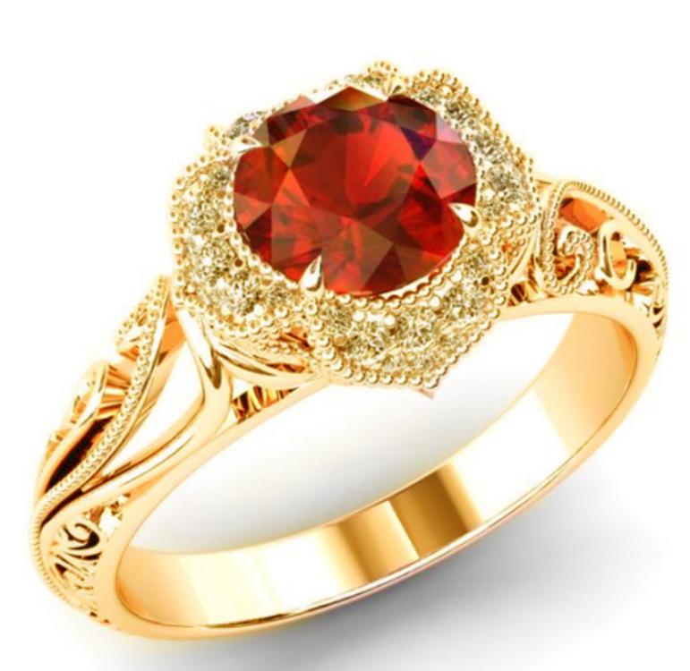 

Женское кольцо из розового золота с трехцветной инкрустацией красным цирконом и полой резьбой 6