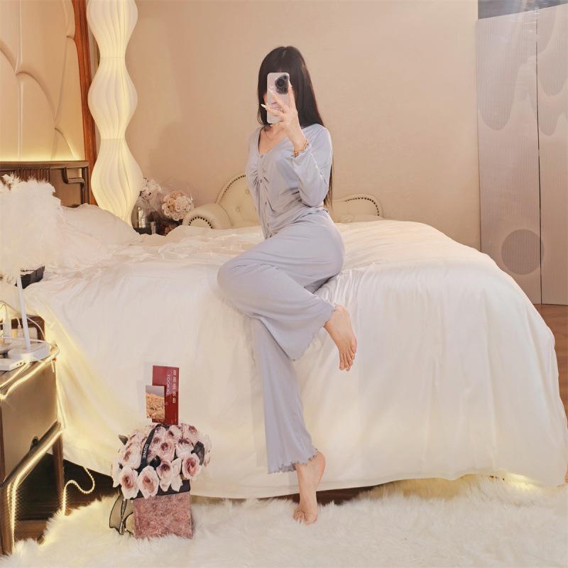 Modal Women's One-Piece Pajama Set with Built-In Bra - Long Sleeve, High-End, Home & Outdoor Wear for Spring & Autumn
