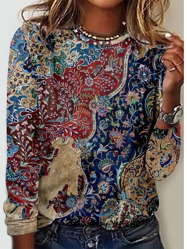 2024 European & American Women's Autumn/Winter Long-Sleeve Printed Round Neck T-Shirt