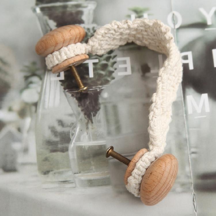 Beech Wood Door Cabinets Handle Drawer Pull Knob Handmade Cotton Rope 19cm