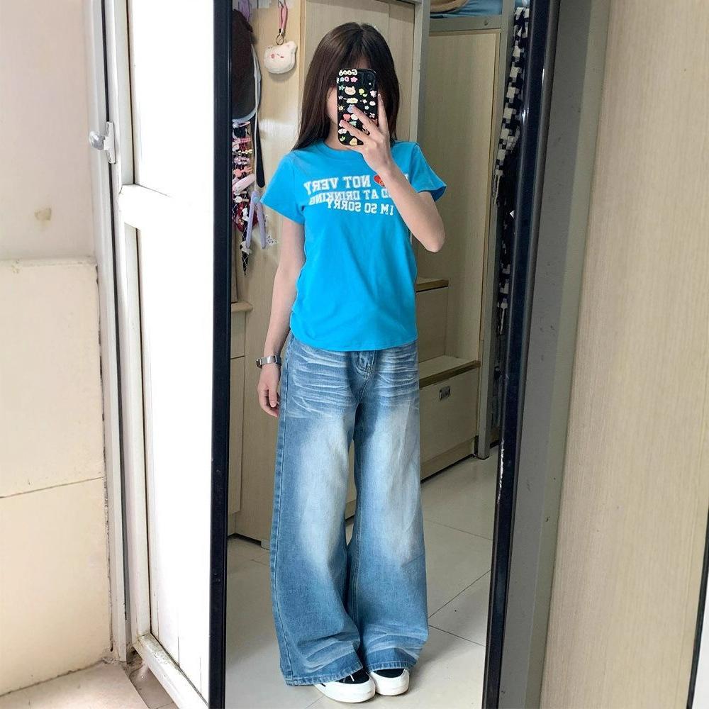 Wide-legged Crease Jeans Women Autumn Washed Loose Draping Retro High Waist Thin Straight Pants Retro Street Style Baggy Long Jeans for Ladies
