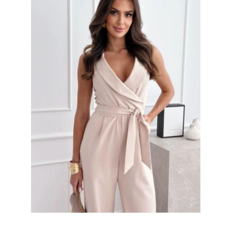 Fashion Fashion Commuter Ol Pure Color Deep V-neck Lace up Waist Trimming Casual Sleeveless Jumpsuit Pants Women Jumpsuit