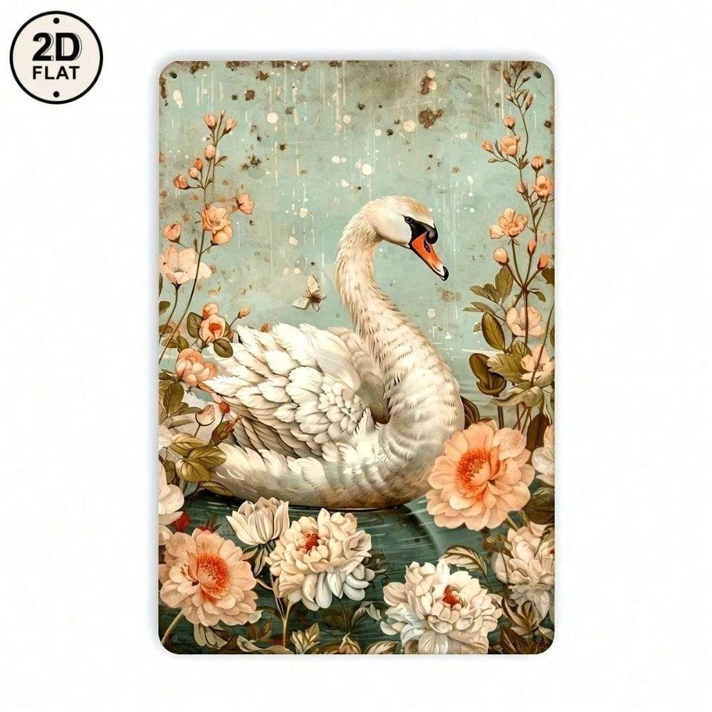 

Vintage Metal Poster Swan Flowers Wall Art Living Room Decor
