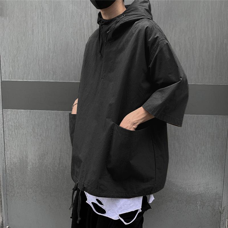 Hooded T Shirt Men Summer Korean Half Sleeve Pullover Top Soft Large Pockets Loose Men T-shirt Streetwear