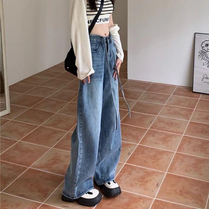 

Ретро-джинсы с завязками для женщин. Осень. Новые широкие брюки с высокой талией, утягивающие, универсальные, прямого покроя. XL