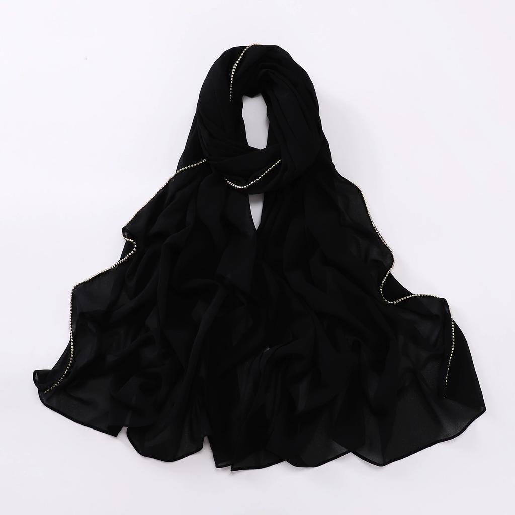 New Pearl Chiffon Hijab Scarf Copper Chain With Black Crystal Pearls Women Muslim Fashion Hijabs For Women Ramadan Turban Femme