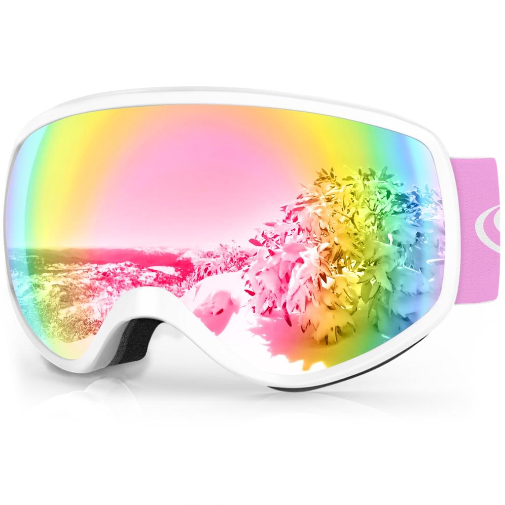 Findway Kids Ski Goggles, OTG Over-Glasses, Anti-Fog Dual Lens, Wide View (White Frame / Full Revo Pink, VLT 46%) for Snow Sports