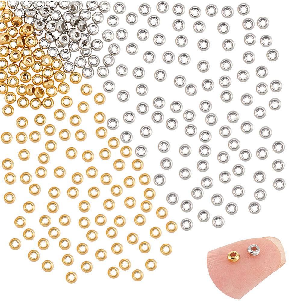 100Pcs 2 Colors 202 Stainless Steel Spacer Beads, Flat Round, Golden & Stainless Steel Color, 3x1.5mm, Hole: 1.2mm, 50pcs/color