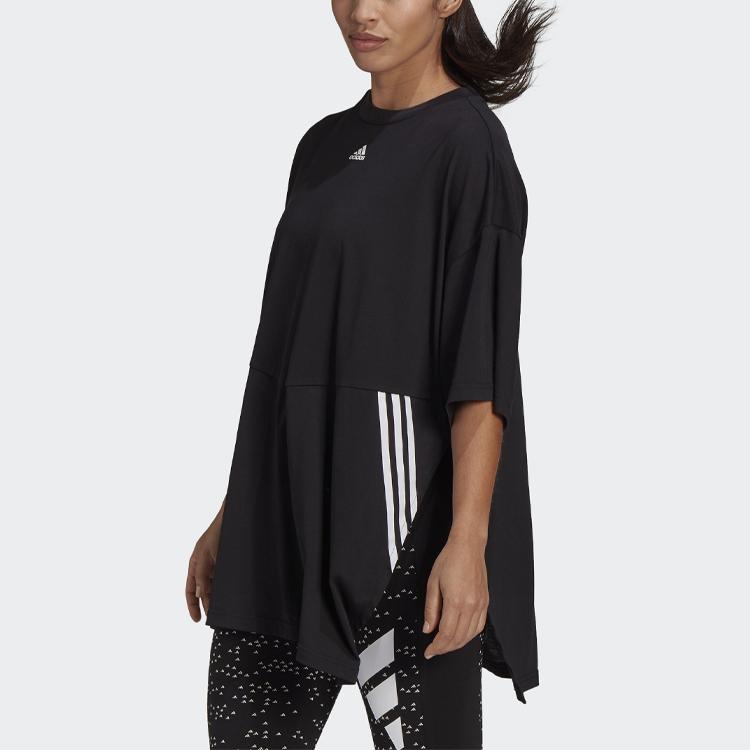 Adidas Oversized Tee With Training Striped Print Side Slits Round Neck Short Sleeve Drop Shoulder T-Shirt Women Tops Black H47488