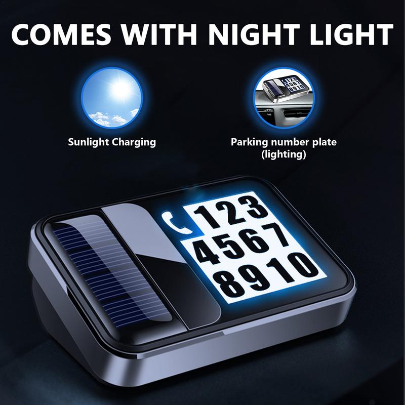 Tabliczka z numerem telefonu do parkowania Cyfrowa karta do tymczasowego parkowania samochodu Ładowanie solarne Elegancka Moda LED Samochodowa Tymczasowa