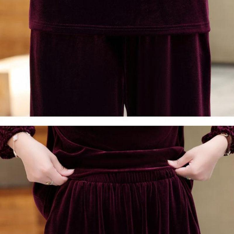2pcs Pants Suit Autumn Women's Loose Plus-size Velvet Blouse High-waist Velvet Pants Two-piece Set