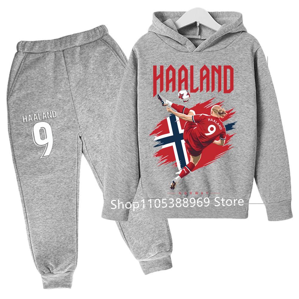 Boys Haaland Cartoon Football Tracksuit 2 Piece Hoodie and Jogger Pants Set Kids Graphic Print Sport Outfit