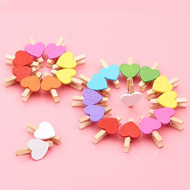 50PCS MultiFunctional Colorful Cute Small Clips Simple Mini Photo Clip Wooden Clips Small Love Heart Pegs Clothespin