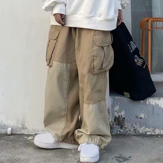 Autumn Cargo Pants Color Block Elastic Waist Drawstring Multi Pockets Patchwork Trousers for Sports