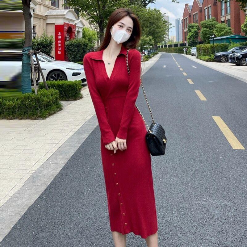 

Chic, unique and beautiful red knitted long-sleeved dress temperament socialite new female autumn S красный