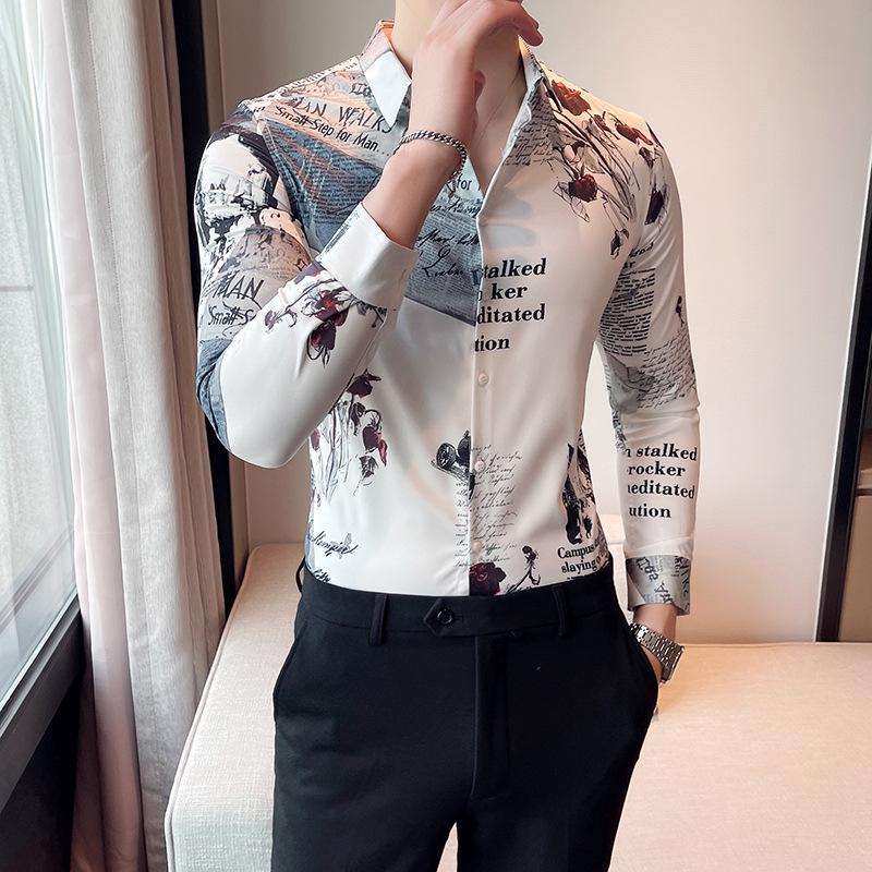 Four Seasons Men's Fashion Long Sleeve European & American Print Shirt 2703