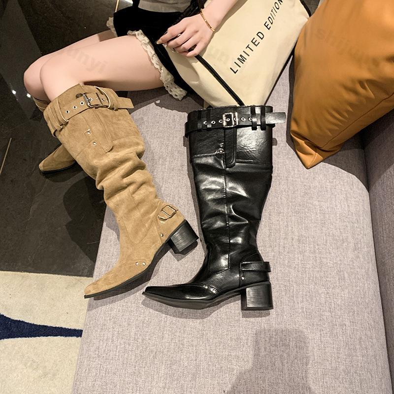 Women Boots Vintage Chunky Heel High Quality Cow Suede Leather Autumn New Long Boots Woman Pointy Fashion Knee-high Botas ,
