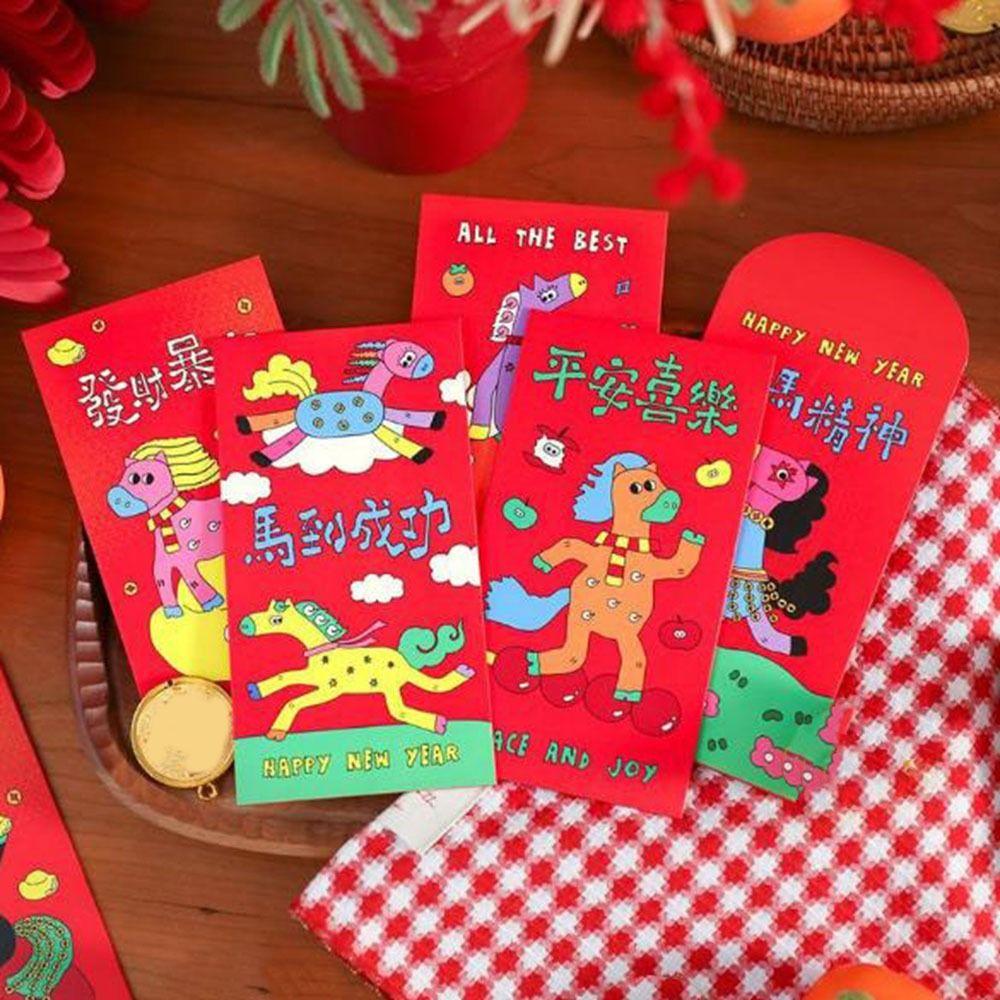 6Pcs/Set Traditional 2026 Horse Year Red Envelope Paper Chinese New Year Envelope  Birthday Gift