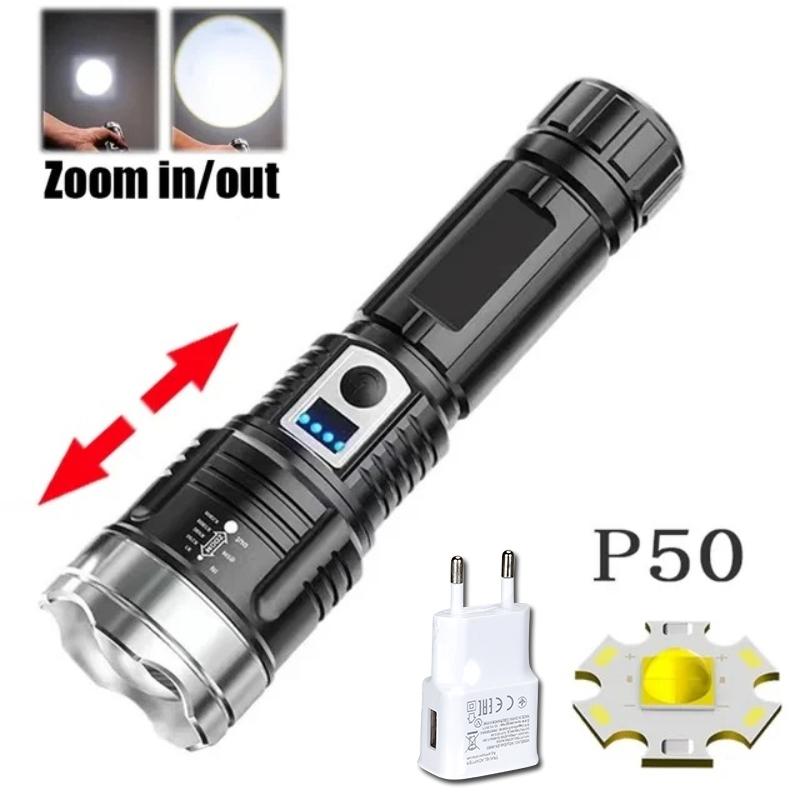 P50 Powerful LED Flashlight Type-C Rechargeable Zoom Torch with Power Display Lantern for Outdoor Camping Fishing Tactical Light