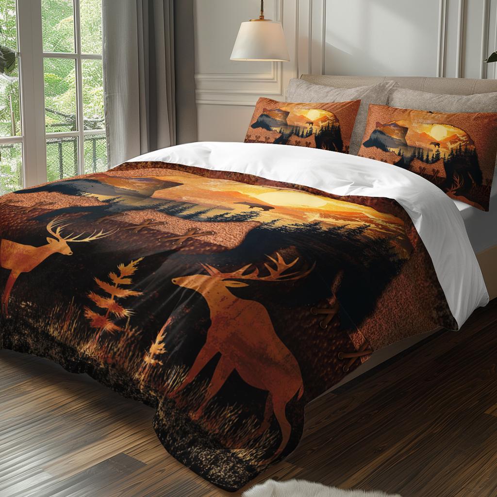 3pcs Bear Mountain Sunset Bedding Duvet Cover Set Wildlife Bedding Quilt Set Nature Themed Bed Quilt Set Autumn Forest