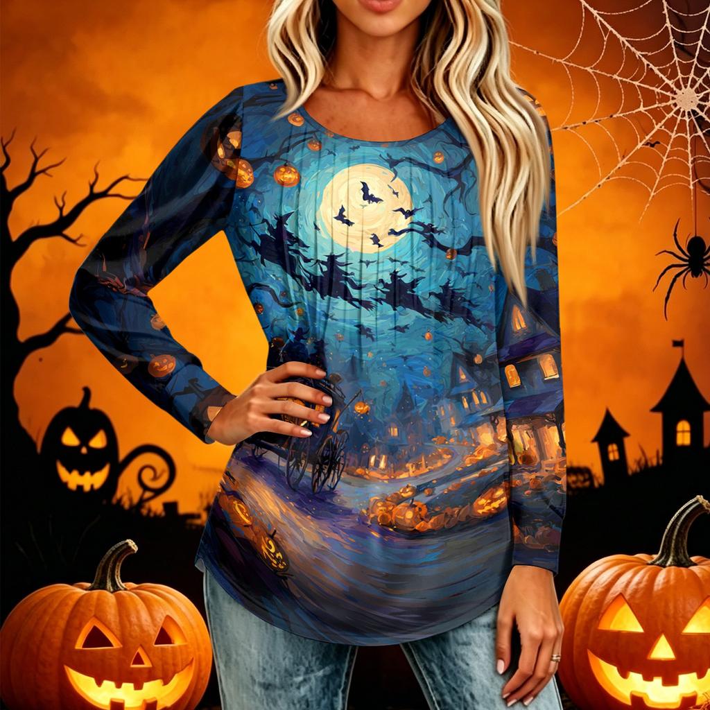 Women's Casual Long Sleeve T-Shirt Pleated Round Neck Halloween Pumpkin Print Top Lightweight Comfortable Fit