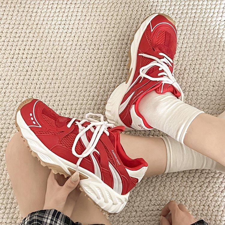 Leather mesh dad shoes women 2025 autumn new breathable lightweight soft sole versatile red casual sports shoes tide