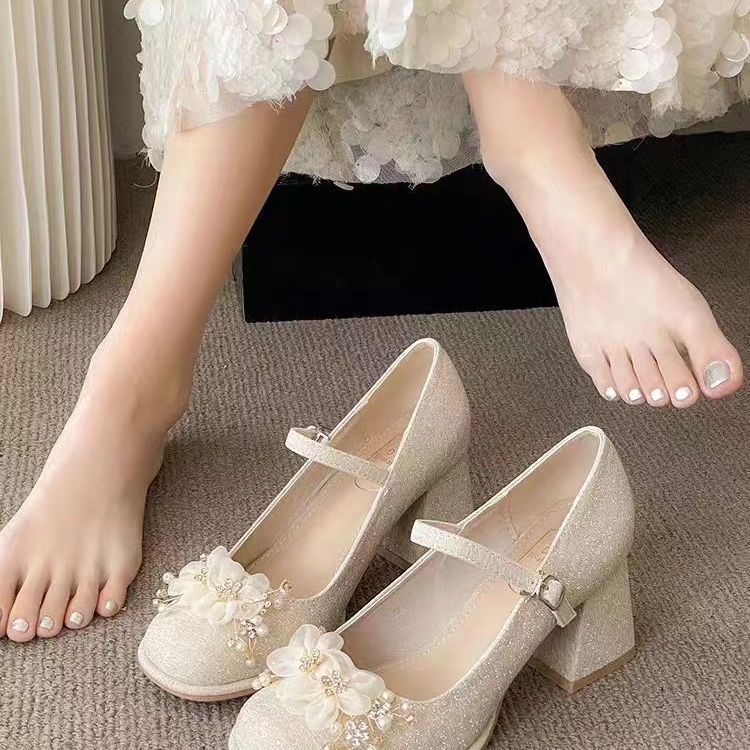 Elegant new Mary Jane high heels women's national style with cheongsam horse dress wedding shoes small bridesmaids thick heels single shoes