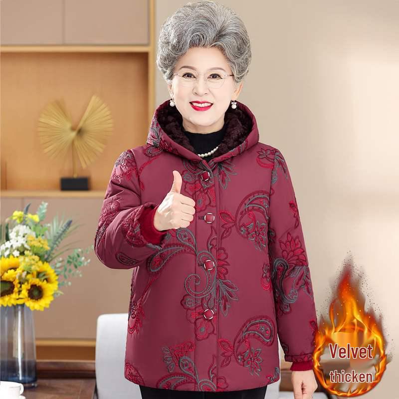 Grandma s Thick Velvet Hooded Winter Coat for Elderly Women 2XL (95-110 lbs)