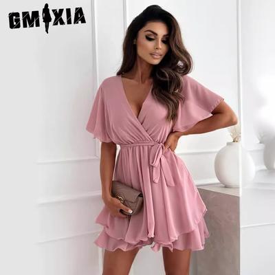 Abito Estivo da Donna Sexy con Scollo a V, Spalline Incrociate, Minigonna, Peplo, in Chiffon