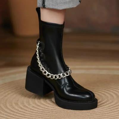 İndirimde Moda Bayan Ayakkabıları Yeni Kol Kadın Botları İlkbahar Sonbahar Yuvarlak Burun Düz Kısa Konç Blok Topuklu Moda Botlar Zapatos Mujer