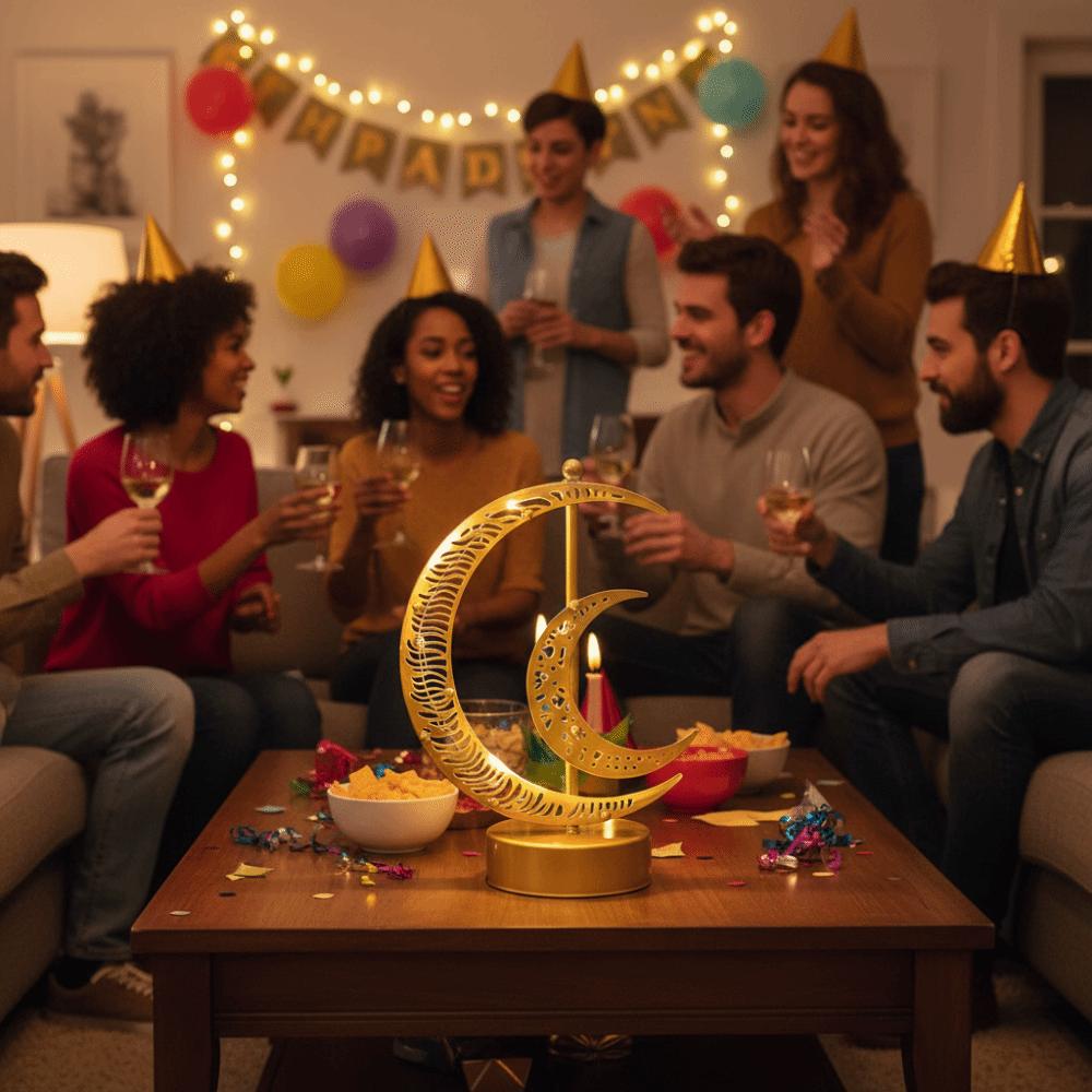 Gold Ramadan Night Light Hollow Mooon LED Desk Lamp Luxury Eid Mubarak Crescent Lamp Living Room