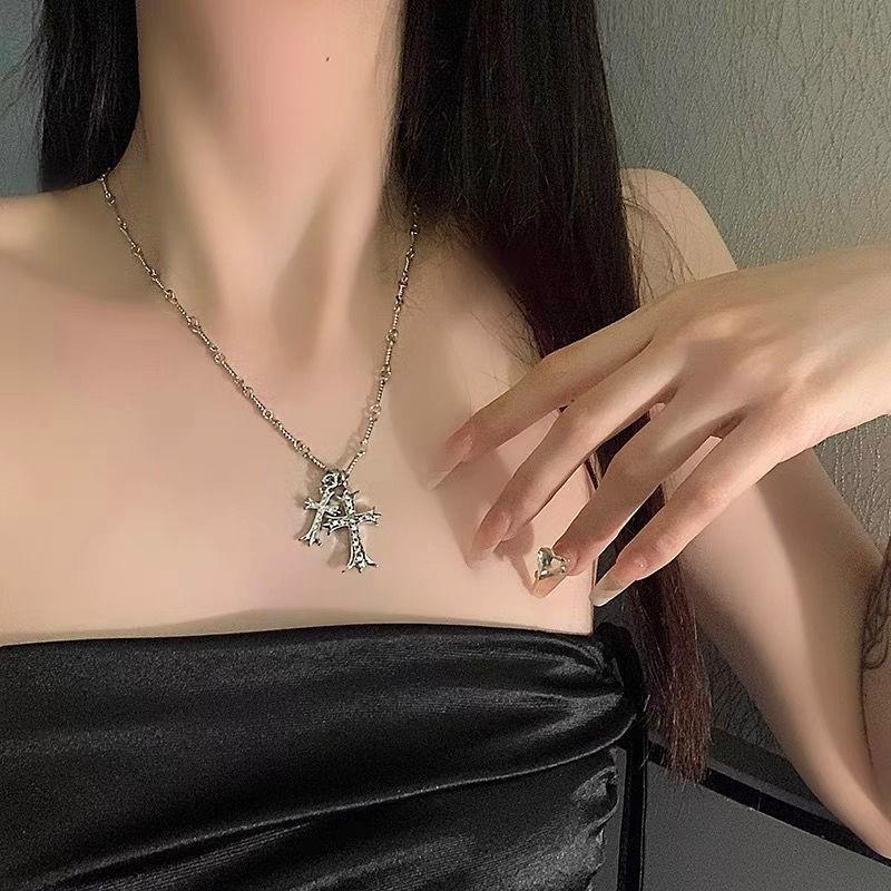 Double-layer stacked pearl cross necklace women s autumn and winter long sweater chain retro niche design clavicle chain