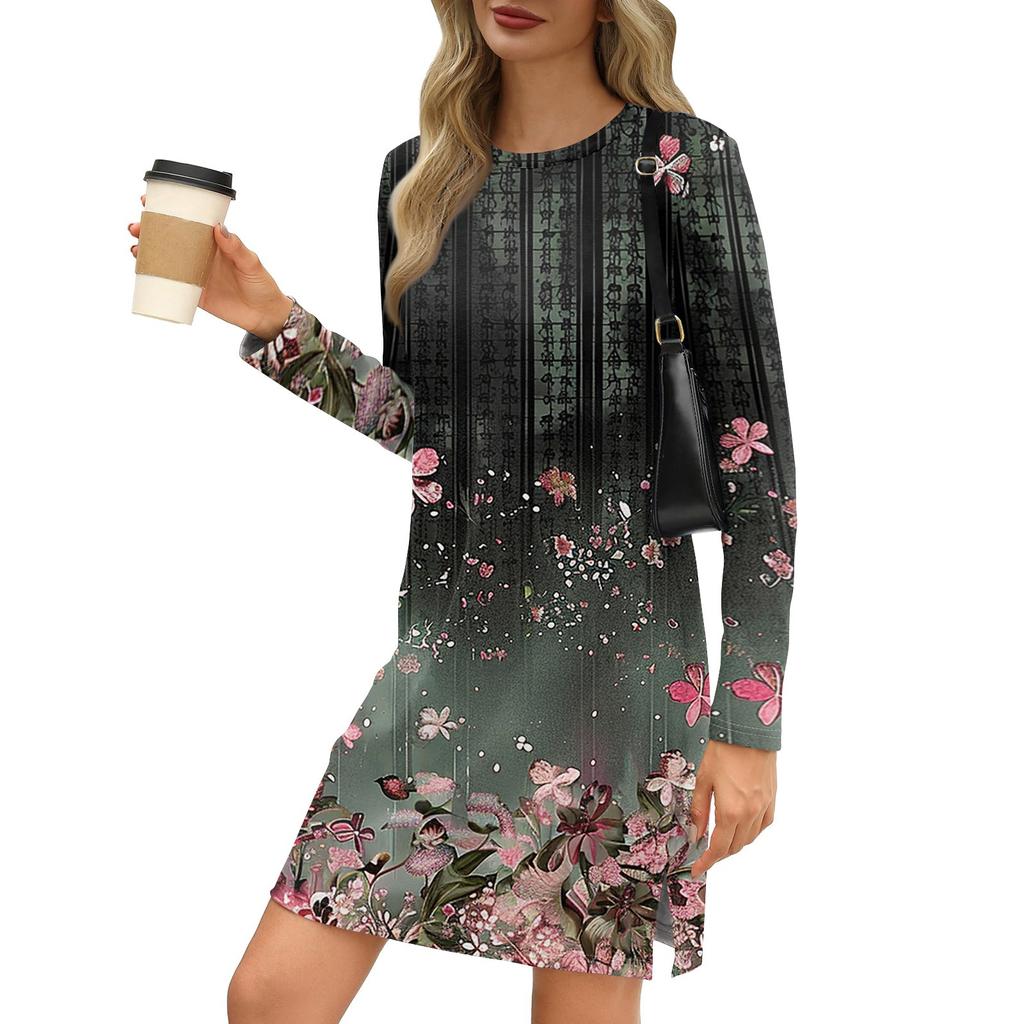 Dámská móda Ležérní šaty s kulatým výstřihem a dlouhým rukávem s rozparkem na půl lemu