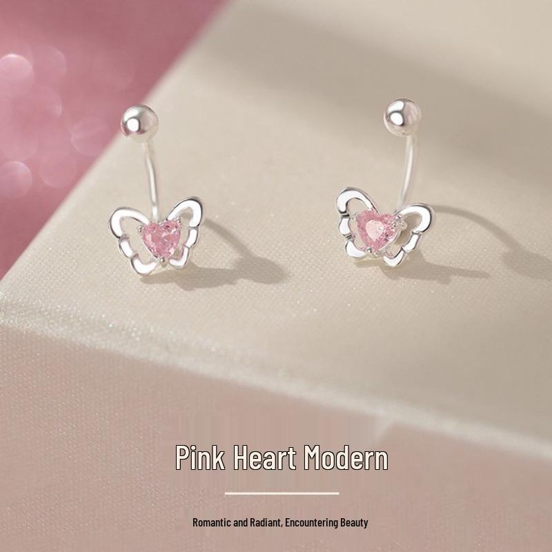 Heart Butterfly Zirconia U-Shaped Stud Earrings: Modern, Artistic, Light Luxury Style for Women