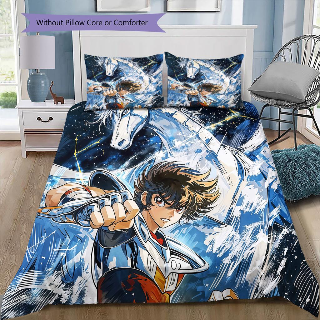 Saint Seiya Seiya Thema Bettwäsche-Set, 1 Bettbezug & 2 Kissenbezüge, Heimdekoration, Perfektes Geschenk für Anime-Fans