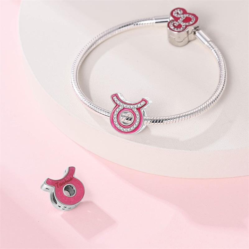 New 925 Silver Princess Pink Shining 12 Constellation Lucky Charms Beads Fit Pan Bracelets DIY Gifts Fine Jewelry