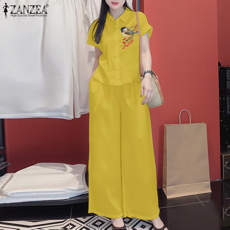 ZANZEA Women Short Sleeve Print Blouse and Pants Casual Two Piece Suit Sets